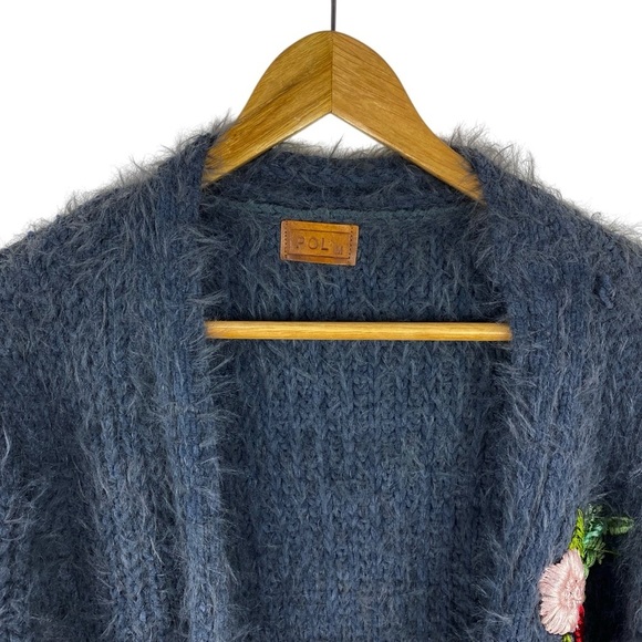 Pol Long Cardigan Sweater Gray Open Front Women’s Size M Embroidered Warm Cozy - Picture 4 of 10